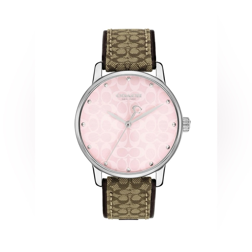 New Coach Grand Women’s Pink Dial Brown Logo Strap Watch 36mm Retail $195